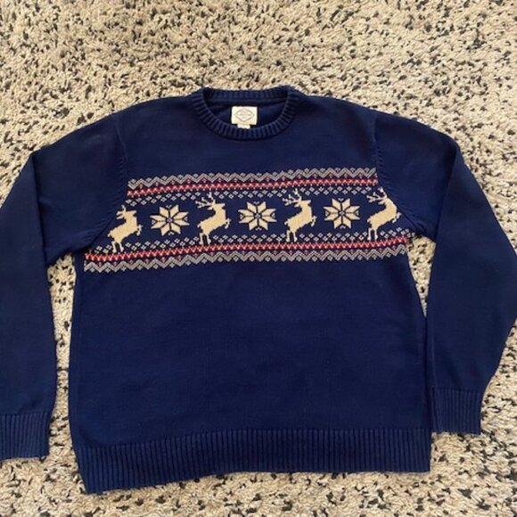 St Johns Bay Cotton Sweater Lrg Reindeer Christmas Blue - Picture 1 of 8